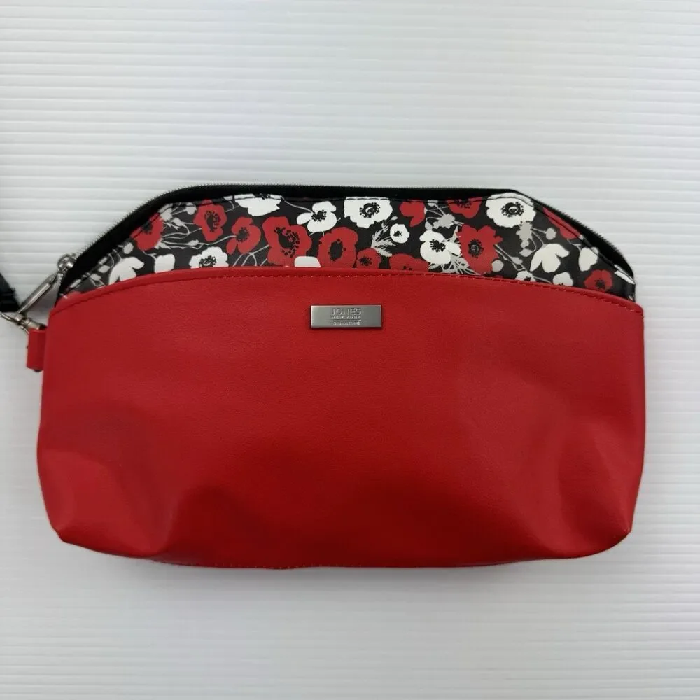 Jones New York Signature Red Floral Cosmetic Bag Makeup Pouch Wristlet